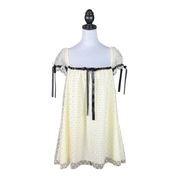 Dolls Kill dELiA*s NWT Cream Velvet Flocked Dots Bow Adorned Babydoll Dress XL - Picture 2 of 8